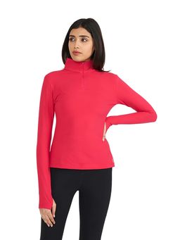 Hunnit - Pink Zen Full Sleeves High Neck 3/4Th Zipper Training T-Shirt for Women