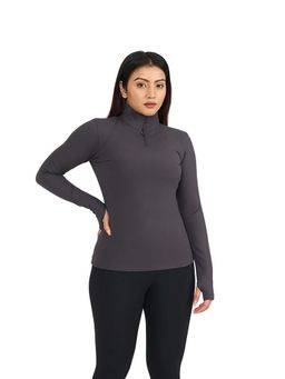 Hunnit - Grey Zen Full Sleeves High Neck 3/4Th Zipper Training T-Shirt for Women