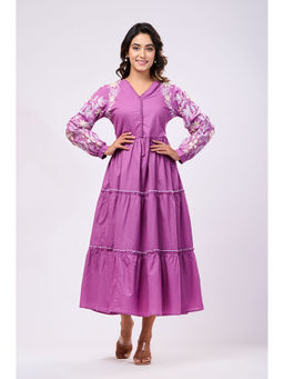 Zolo Label - Elegant Cotton Purple Embroidered Maxi Dress