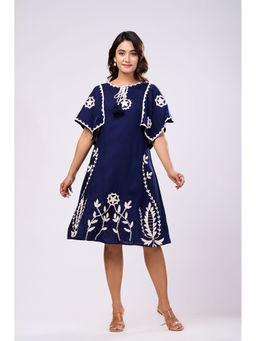 Zolo Label - Cotton Navy Blue Embroidered Knee Length Dress