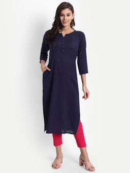 Suti - Women Cotton Solid Straight Kurta - Navy Blue