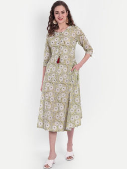 Suti - Women Cotton Floral Printed Long And Flair Dress - Green