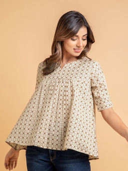 Suti - Women Cotton Flared And Gathered Short Top - Cream