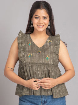 Suti - Women Cotton Print Flared And Gathered Short Top - Olive