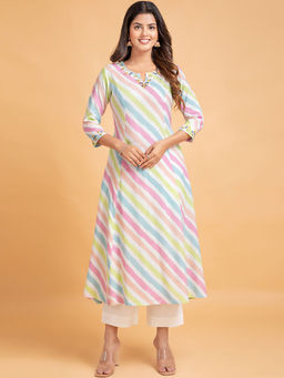 Suti - Women Rayon Lehariya Print Kurta With Embroidery Work - White