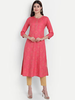 Suti - Women Rayon Bandhej Print Straight Kurta - Coral