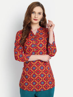 Suti - Women Rayon Printed High Low Top - Red