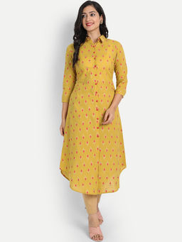 Suti - Women Cotton Ikkat Printed Straight Kurta With Open Placket - Gold