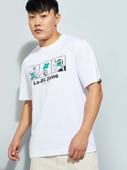 max - White Cotton Half Sleeves Crew Neck Printed T-Shirt