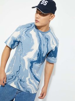 max - Blue Cotton Half Sleeves Crew Neck Abstract T-Shirt