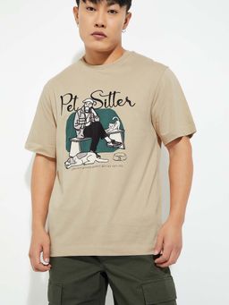 max - Beige Cotton Half Sleeves Crew Neck Printed T-Shirt