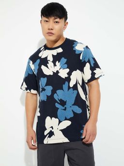 max - Navy Blue Cotton Half Sleeves Crew Neck Floral T-Shirt