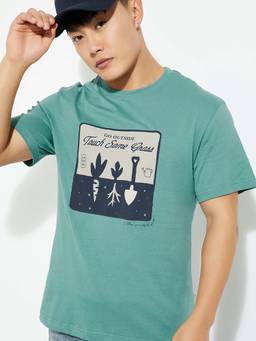 max - Teal Cotton Half Sleeves Crew Neck Printed T-Shirt