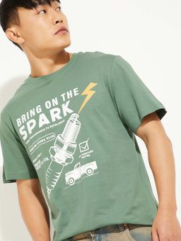 max - Green Cotton Half Sleeves Crew Neck Printed T-Shirt