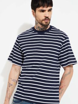 max - Navy Blue Cotton Half Sleeves Crew Neck Stripes T-Shirt