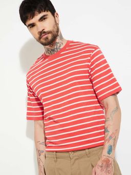 max - Red Cotton Half Sleeves Crew Neck Stripes T-Shirt