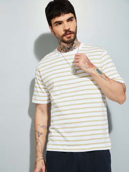 max - White Cotton Half Sleeves Crew Neck Stripes T-Shirt