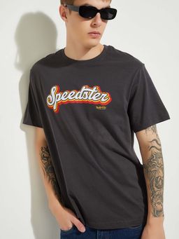 max - Grey Cotton Half Sleeves Crew Neck Typography T-Shirt