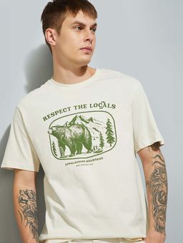 max - Off White Cotton Half Sleeves Crew Neck Printed T-Shirt