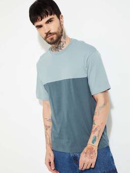 max - Blue Cotton Half Sleeves Crew Neck Colorblock T-Shirt
