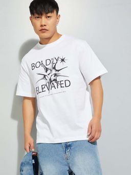 max - White Cotton Half Sleeves Crew Neck Printed T-Shirt