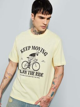 max - Yellow Cotton Half Sleeves Crew Neck Printed T-Shirt