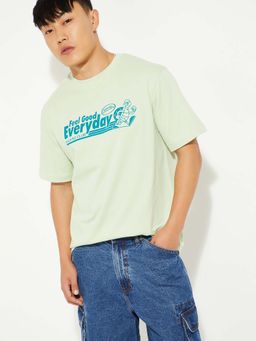 max - Green Cotton Half Sleeves Crew Neck Printed T-Shirt