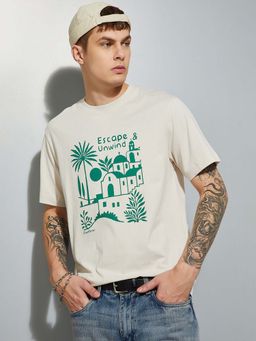 max - Beige Cotton Half Sleeves Crew Neck Printed T-Shirt