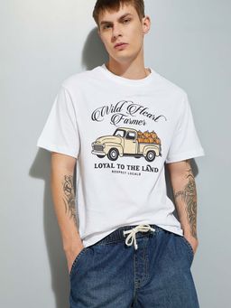 max - White Cotton Half Sleeves Crew Neck Printed T-Shirt