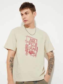 max - Beige Cotton Half Sleeves Crew Neck Printed T-Shirt