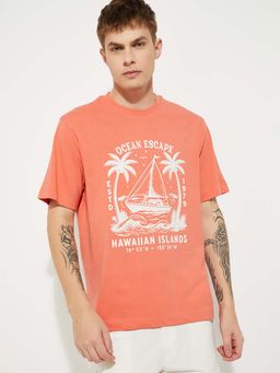 max - Orange Cotton Half Sleeves Crew Neck Printed T-Shirt