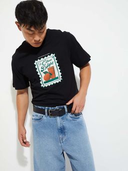 max - Black Cotton Half Sleeves Crew Neck Printed T-Shirt