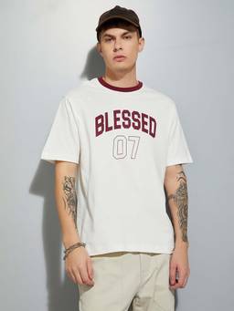 max - Off White Cotton Half Sleeves Crew Neck Typography T-Shirt