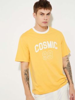 max - Yellow Cotton Half Sleeves Crew Neck Typography T-Shirt