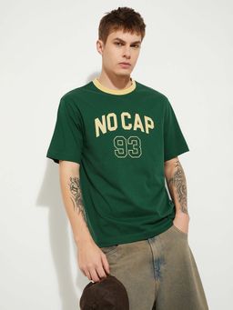 max - Green Cotton Half Sleeves Crew Neck Typography T-Shirt
