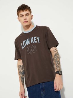 max - Brown Cotton Half Sleeves Crew Neck Typography T-Shirt