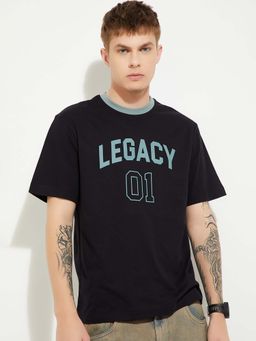 max - Black Cotton Half Sleeves Crew Neck Typography T-Shirt