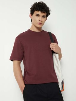 max - Maroon Cotton Blend Half Sleeves Crew Neck Solid T-Shirt