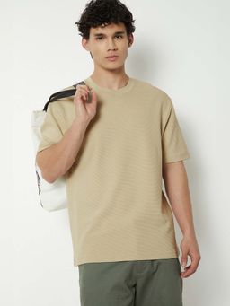 max - Beige Cotton Blend Half Sleeves Crew Neck Textured T-Shirt