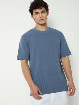 max - Blue Cotton Blend Half Sleeves Crew Neck Textured T-Shirt
