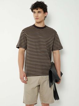 max - Beige Cotton Blend Half Sleeves Crew Neck Stripes T-Shirt
