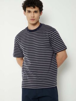 max - Blue Cotton Blend Half Sleeves Crew Neck Stripes T-Shirt