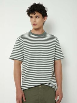 max - Green Cotton Blend Half Sleeves Crew Neck Stripes T-Shirt