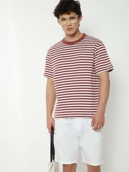 max - Pink Cotton Blend Half Sleeves Crew Neck Stripes T-Shirt