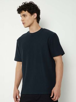 max - Blue Cotton Blend Half Sleeves Crew Neck Textured T-Shirt