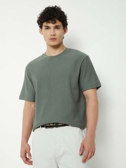 max - Green Cotton Blend Half Sleeves Crew Neck Textured T-Shirt