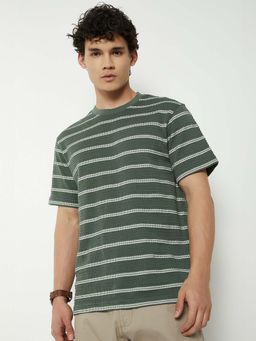 max - Green Cotton Blend Half Sleeves Crew Neck Stripes T-Shirt
