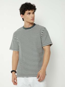 max - Black Cotton Blend Half Sleeves Crew Neck Stripes T-Shirt