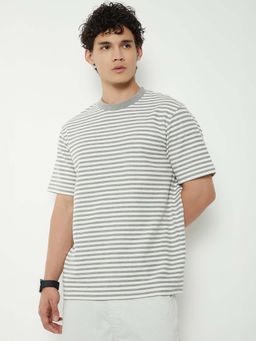 max - Grey Cotton Blend Half Sleeves Crew Neck Stripes T-Shirt