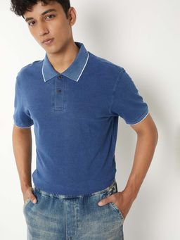 max - Blue Cotton Half Sleeves Collar Neck Solid Polo T-Shirt